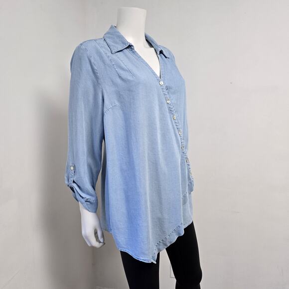 Soft Surroundings L Chambray Top Shirt Asymmetrical Hem Wrap Roll Tab Long Slv - Picture 4 of 7